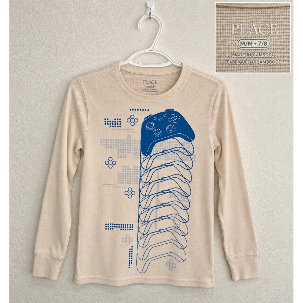 The Childrens Place M 7/8 Waffle Knit Shirt Beige Blue Gamer Controller Graphic